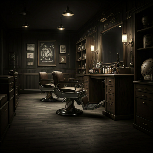 Moody high-contrast interior of a premium barbershop with leather chairs and archival sports memorabilia.
